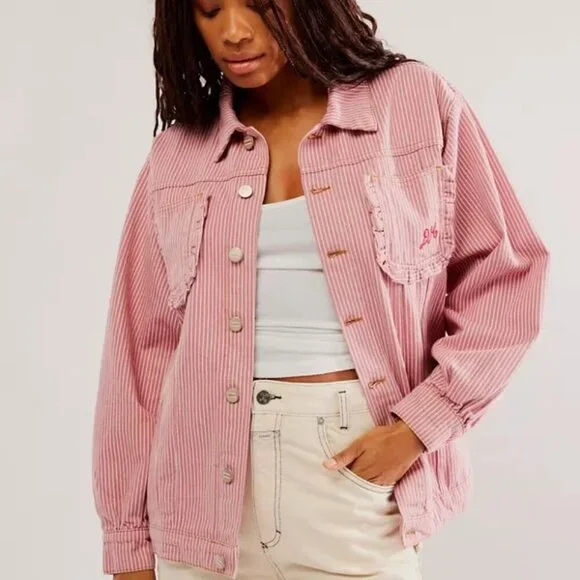 SOLD Free People Pink & White Striped Denim Jacket – Size Small - Picture 1 of 3